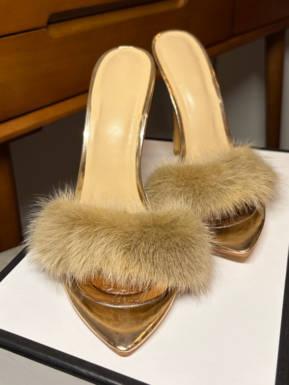 Richealnana Women's Fuzzy Feather Slip On Pointy Mules Rose Gold